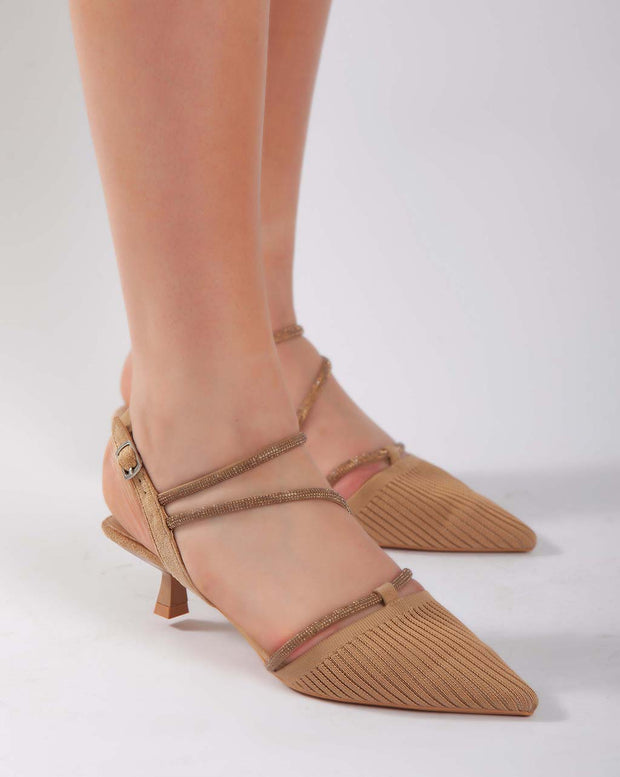 Strap Closed Toe Low Heels - Sandals - Camel
