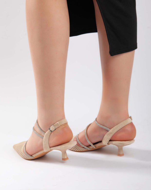 Strap Closed Toe Low Heels - Sandals - Beige