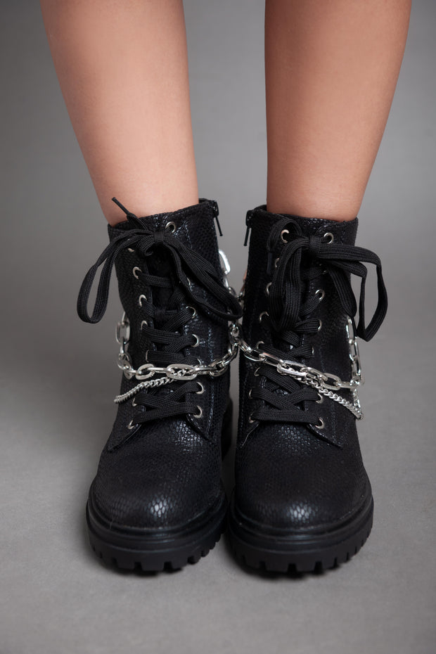 Croc Leather Chains Ankle Boot - Black