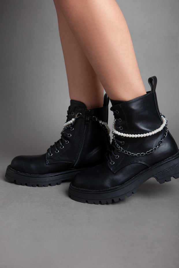 Pearl Chain Matte Ankle Boot - Black