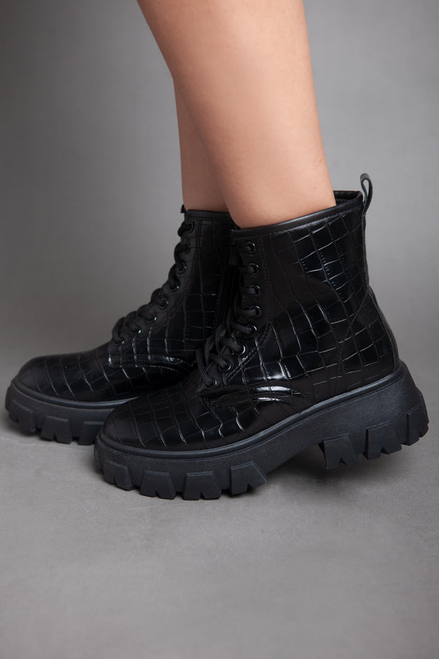 Croc Leather Biker Ankle Boot - Black