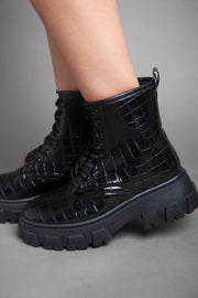 Croc Leather Biker Ankle Boot - Black