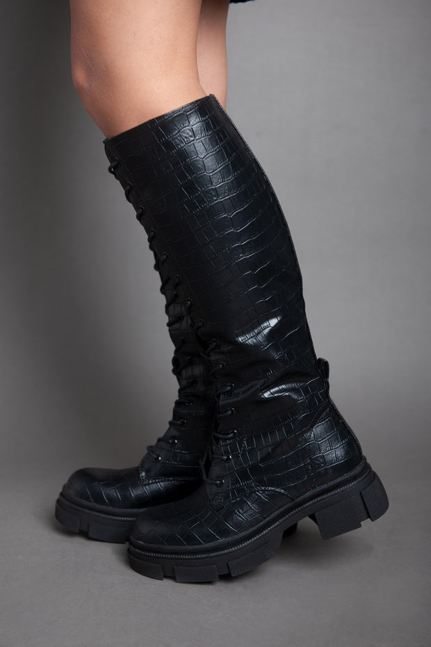 Croc Leather High Boot - Black