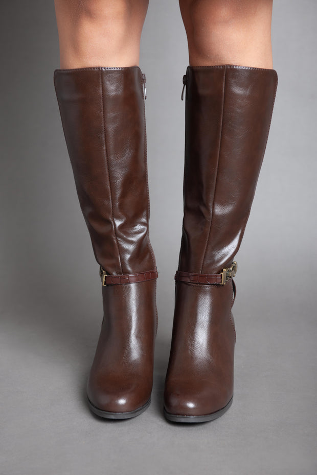 Leather Strap With Chains - Knee Boot - Brown