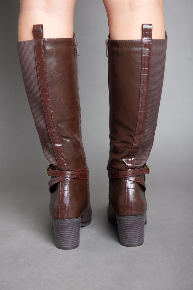 Leather Strap With Chains - Knee Boot - Brown