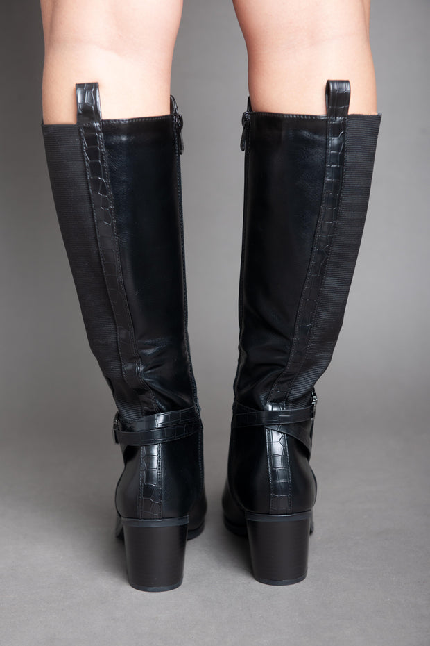 Leather Strap With Chains - Knee Boot - Black