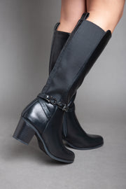 Leather Strap With Chains - Knee Boot - Black