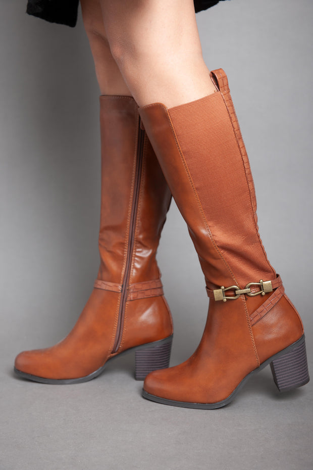 Leather Strap With Chains - Knee Boot - Camel