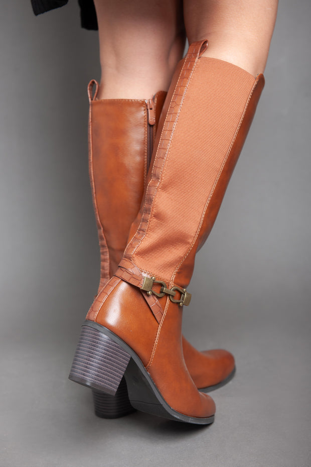 Leather Strap With Chains - Knee Boot - Camel