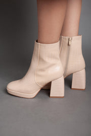 Squared Heel Leather Half Boot - Beige