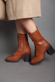 Ladies Lace Up Ankle Boots - Camel