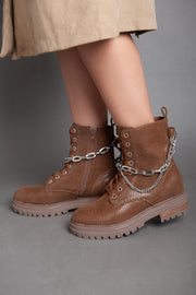 Croc Leather Chains Ankle Boot - Camel