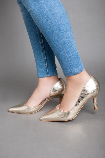 Shiny Croc Leather High Heels - Gold