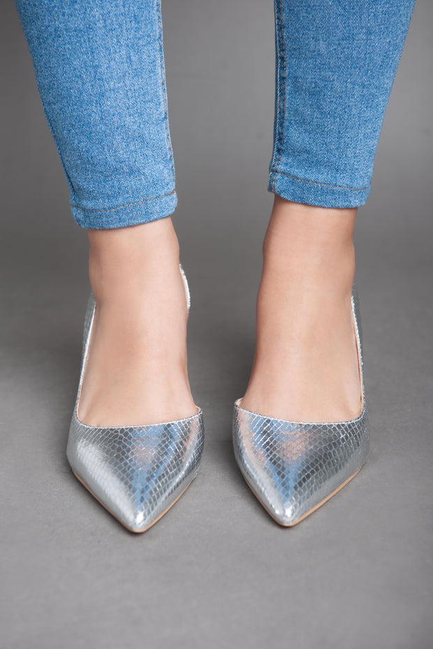 Shiny Croc Leather High Heels - Silver