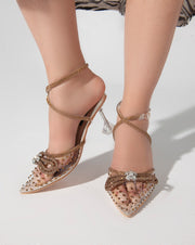 Strass Ribbon Ankle Strap - Sandals - Gold