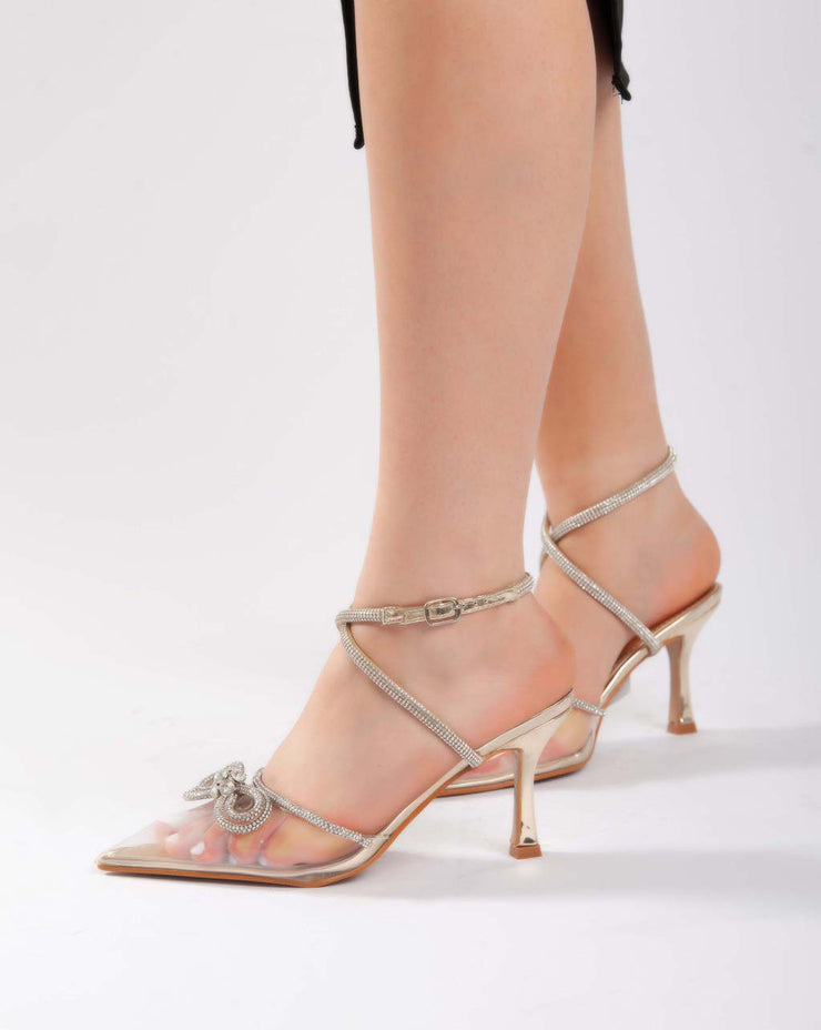 Bow Ankle Strap Transparent - Sandals - Gold