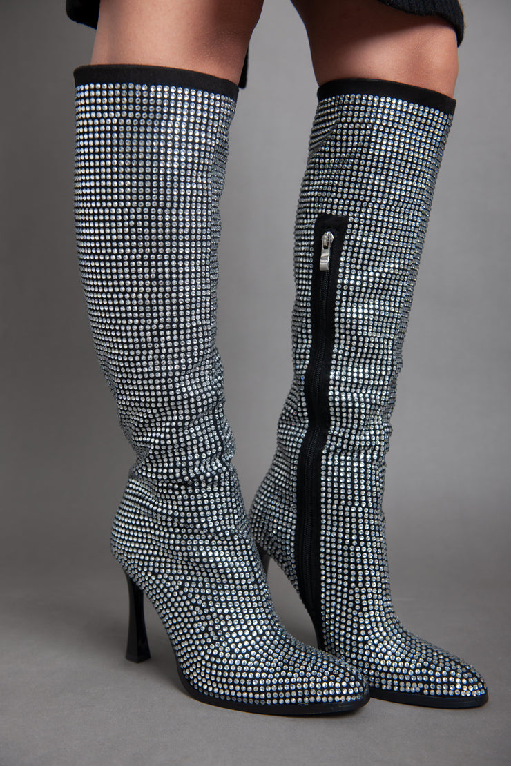 High Heel Disco Spark- Knee Boot - Silver