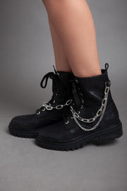 Croc Leather Chains Ankle Boot - Black