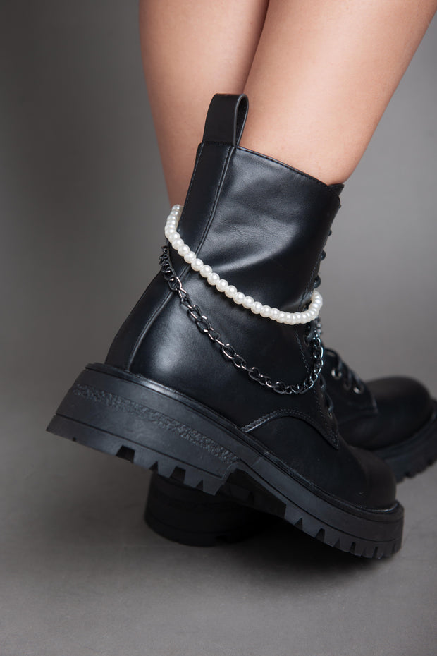 Pearl Chain Matte Ankle Boot - Black