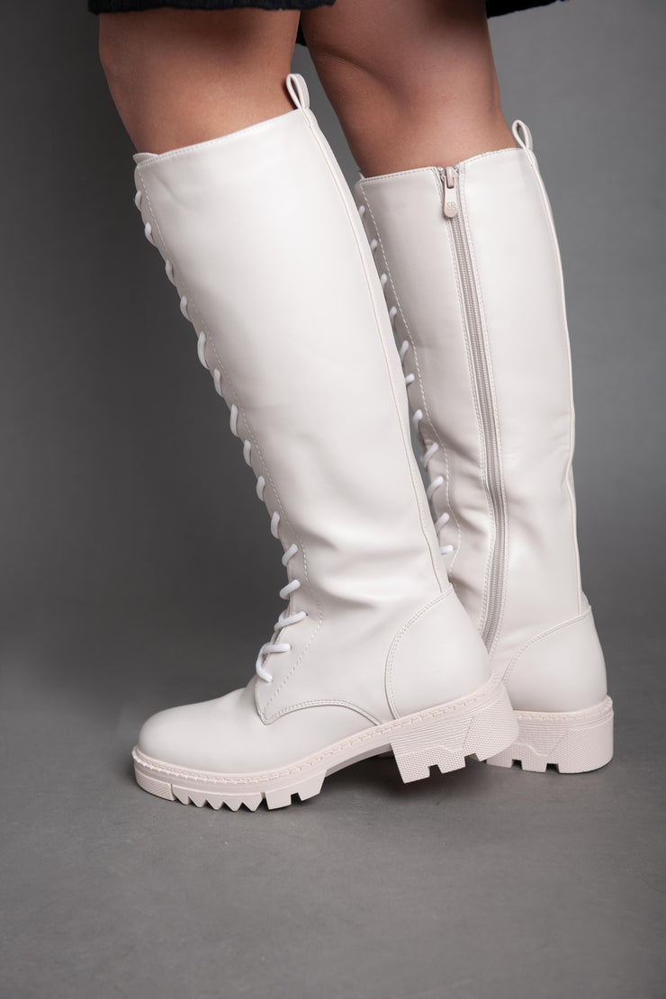 Chunky Biker Lace High Boot - Beige