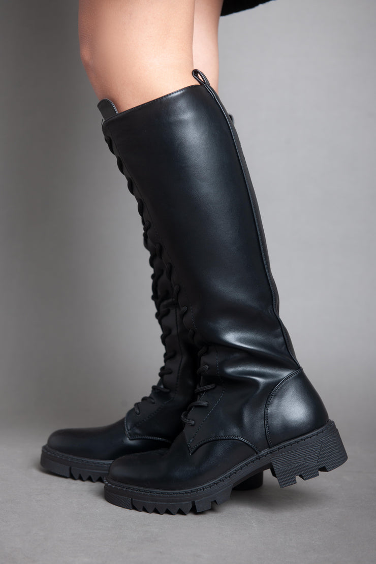Chunky Biker Lace High Boot - Black