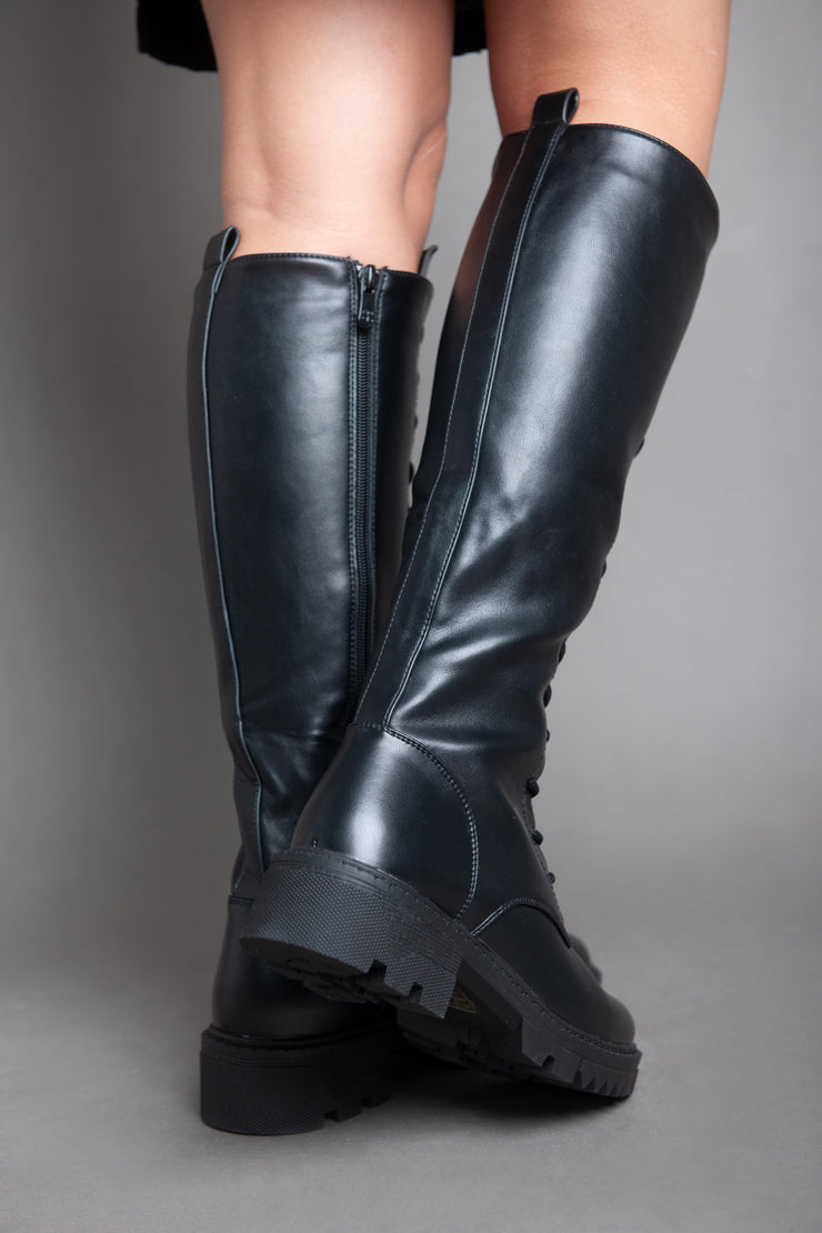 Chunky Biker Lace High Boot - Black
