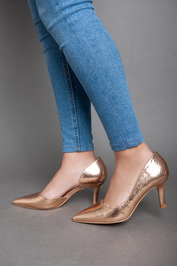 Shiny Croc Leather High Heels - Champagne