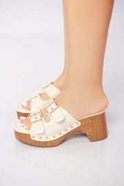 Double Buckle Clog Heel Sandal - Beige