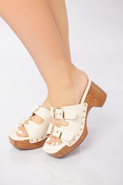 Double Buckle Clog Heel Sandal - Beige
