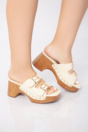 Double Buckle Clog Heel Sandal - Beige