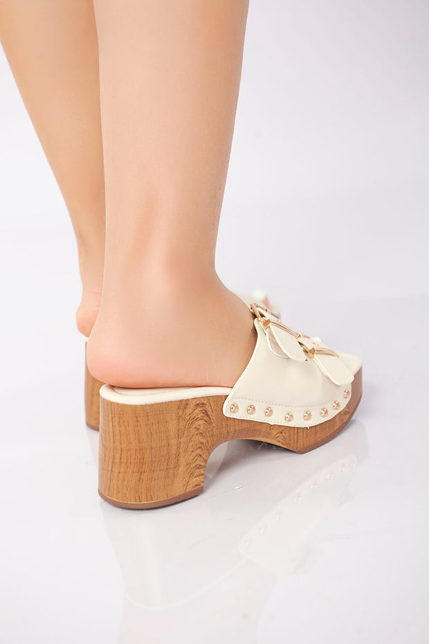 Double Buckle Clog Heel Sandal - Beige