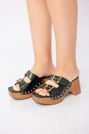 Double Buckle Clog Heel Sandal - Black