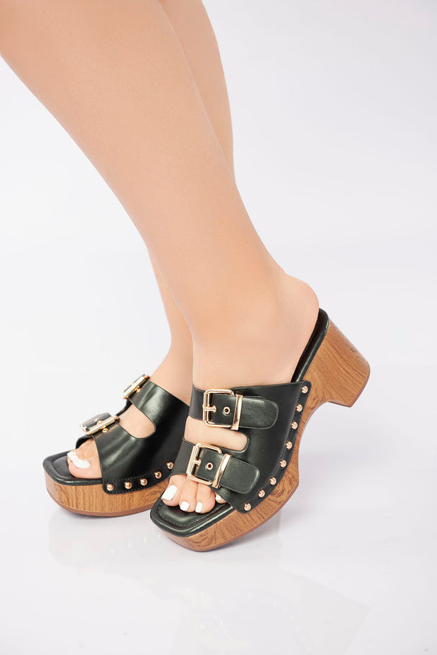 Double Buckle Clog Heel Sandal - Black