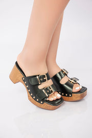 Double Buckle Clog Heel Sandal - Black