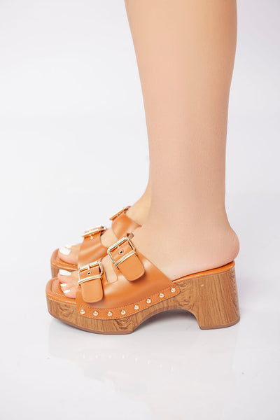 Double Buckle Clog Heel Sandal - Camel