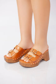 Double Buckle Clog Heel Sandal - Camel
