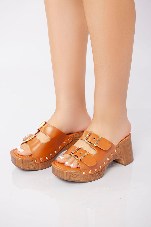 Double Buckle Clog Heel Sandal - Camel