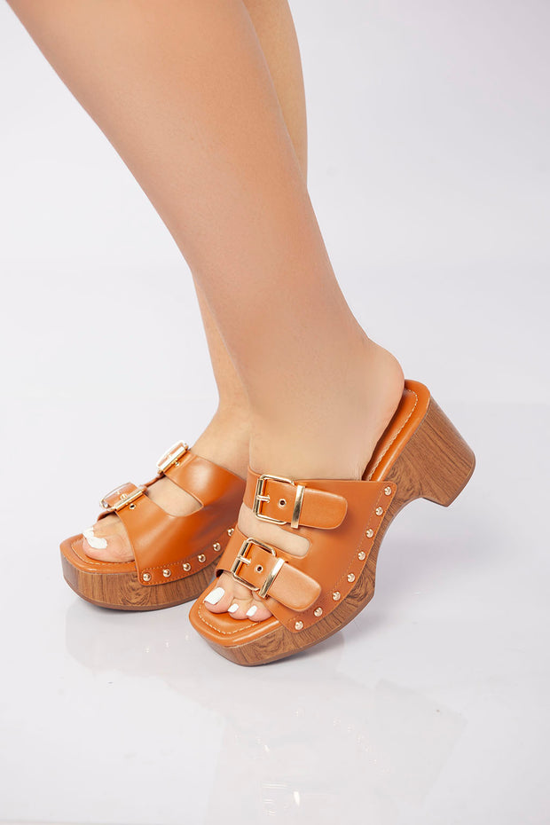 Double Buckle Clog Heel Sandal - Camel