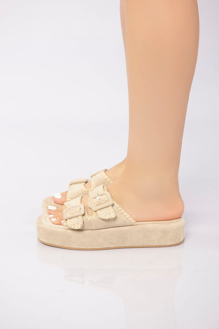 Double Buckle Platform Slide - Beige