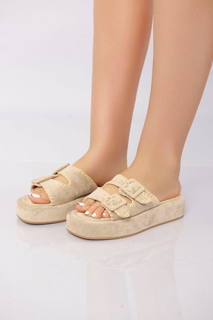 Double Buckle Platform Slide - Beige