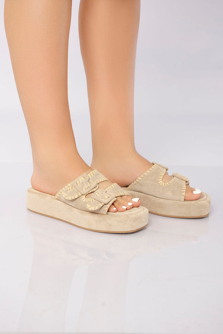 Double Buckle Platform Slide - Beige