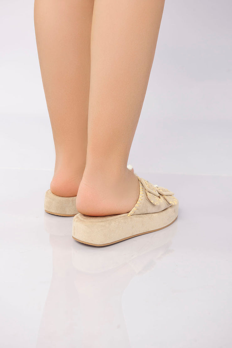 Double Buckle Platform Slide - Beige