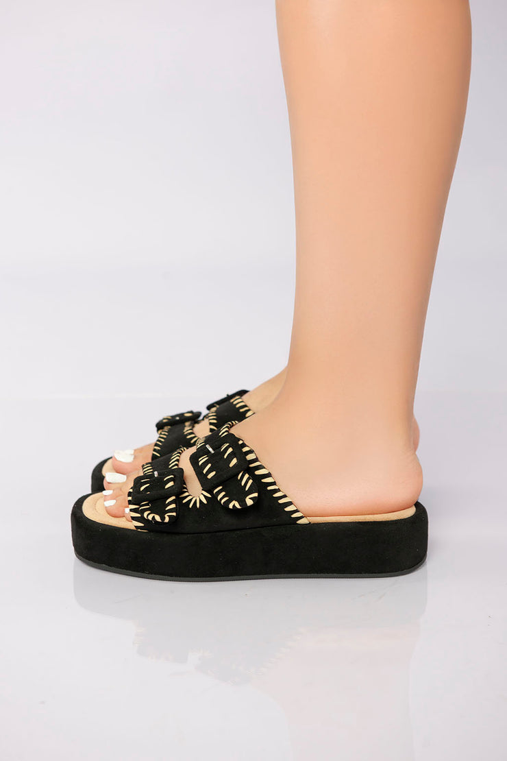Double Buckle Platform Slide - Black