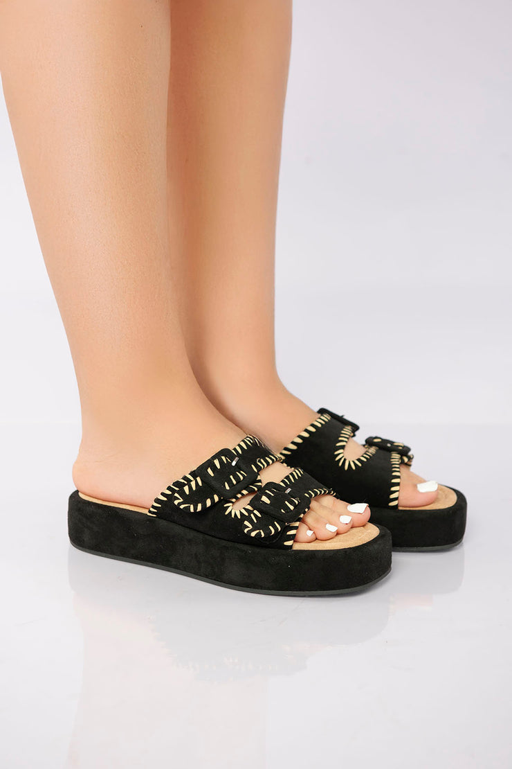 Double Buckle Platform Slide - Black