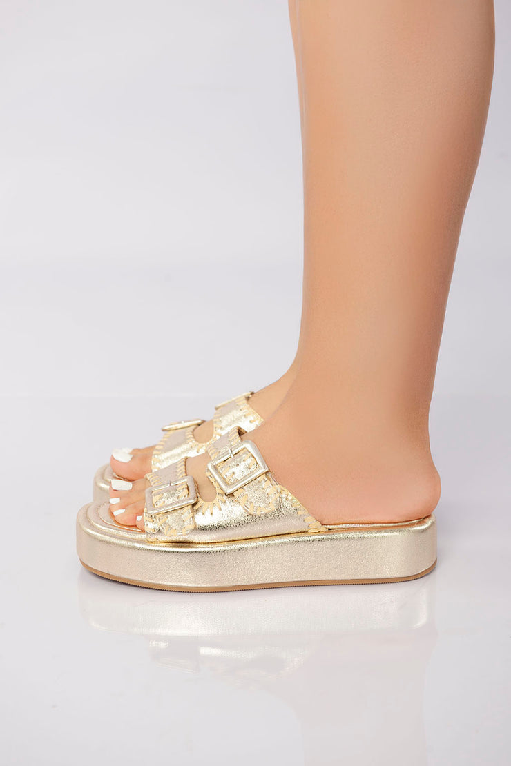 Double Buckle Platform Slide - Gold