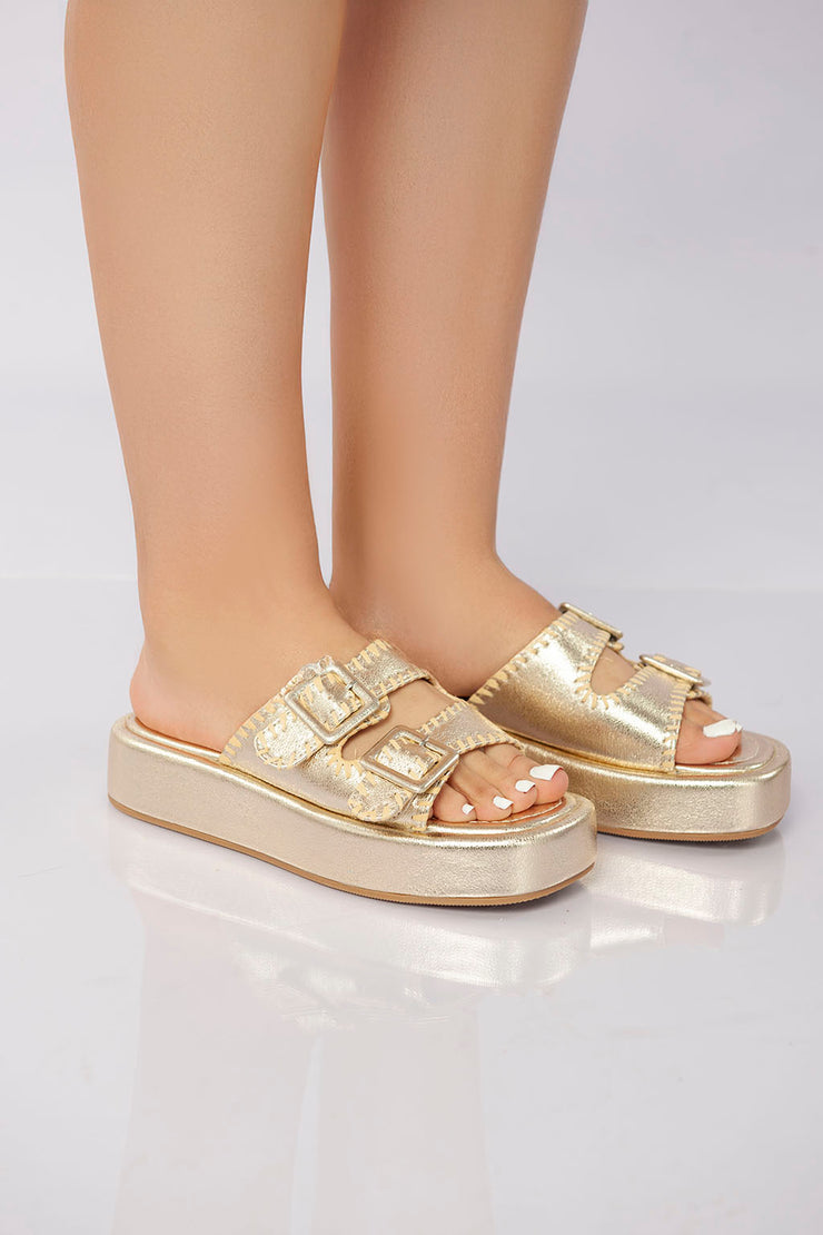 Double Buckle Platform Slide - Gold
