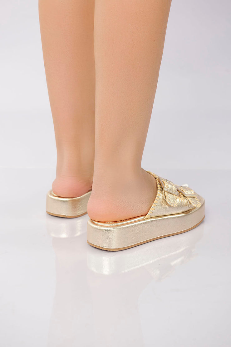 Double Buckle Platform Slide - Gold