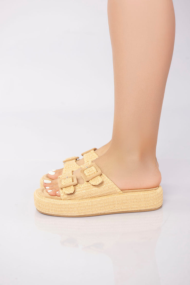 Double Buckle Platform Slide - Khaki