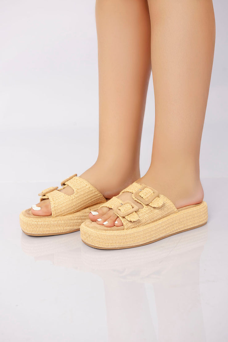 Double Buckle Platform Slide - Khaki