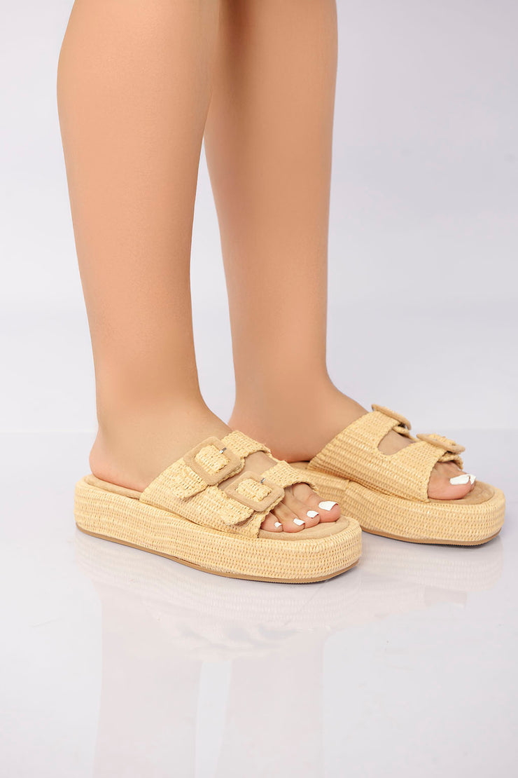 Double Buckle Platform Slide - Khaki